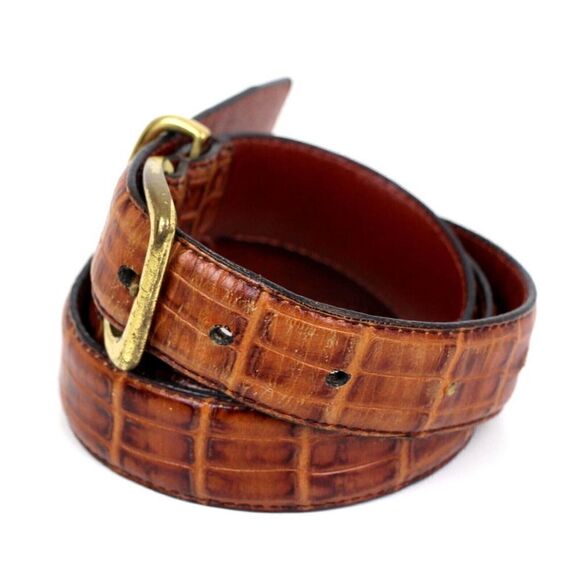 CROCO EMBOSSED BROWN GENUINE LEATHER 1 1/8"Wd CASUAL DRESS MEN'S BELT Sz 32 (R60 - Picture 3 of 12